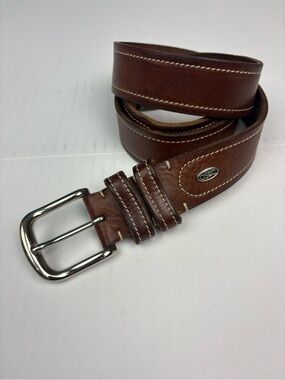 Italian Men Size 40 Belt Brown Leather Solid Brass Silver Tone Buckle Adjustable